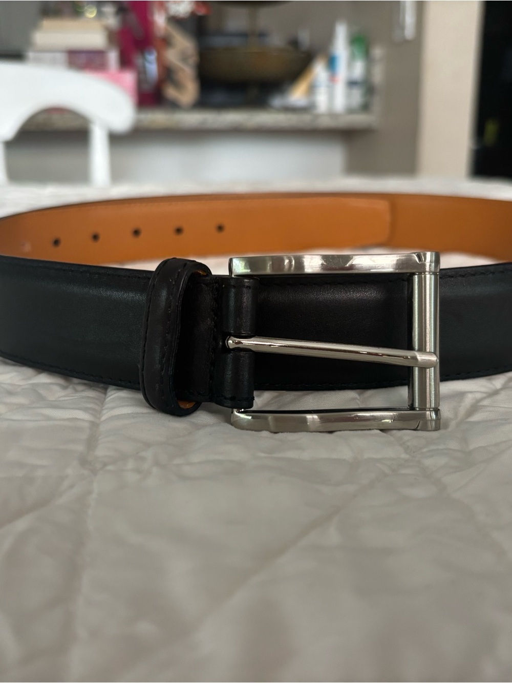 Magnani Men's Black Leather Belt with Polished Silver Buckle 44 flaw in 1 hole